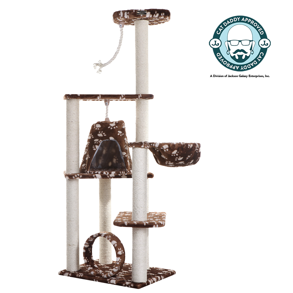 66-inch Faux Fur Cat Tree, SaddleBrown with White Paw Prints by Armarkat