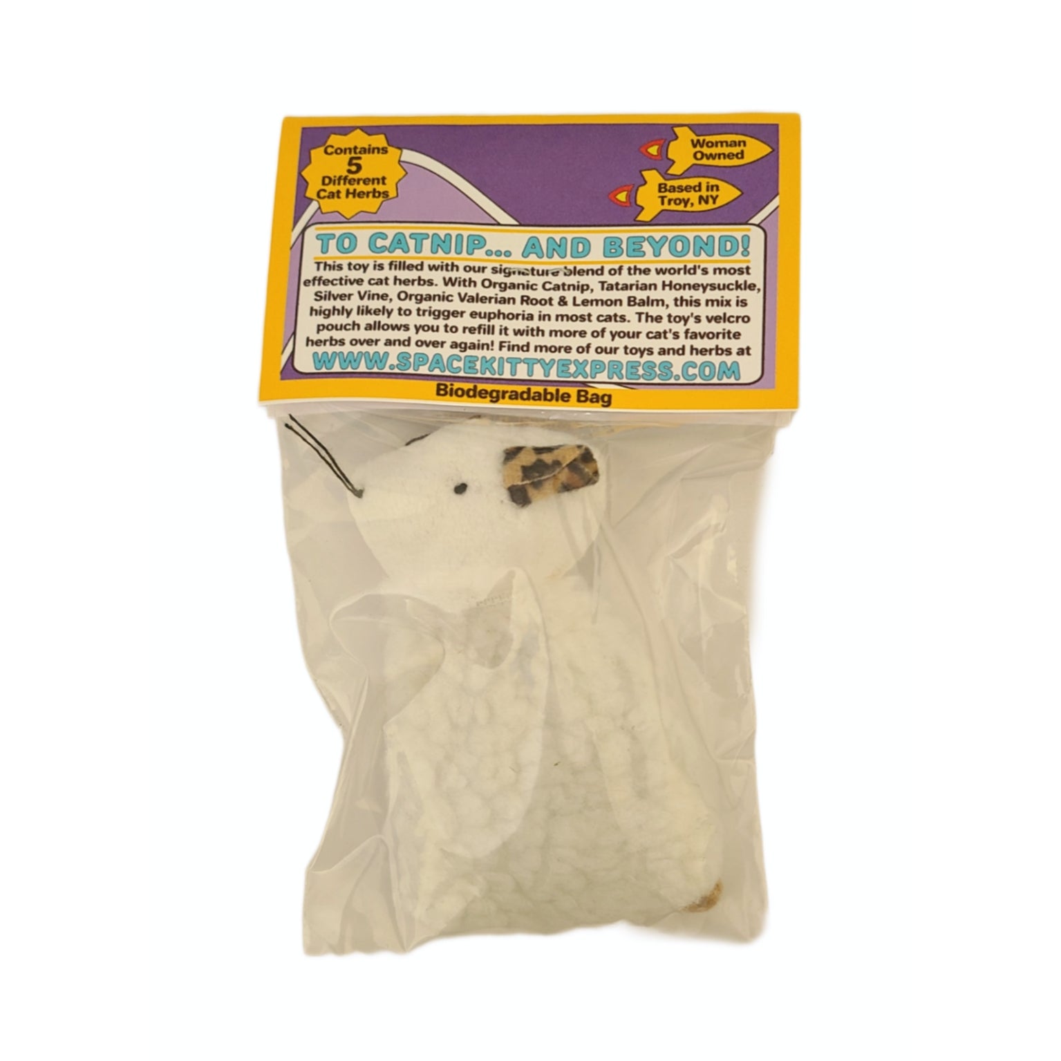 Refillable White Sherpa Mouse with Complete Herb Blend by Space Kitty Express