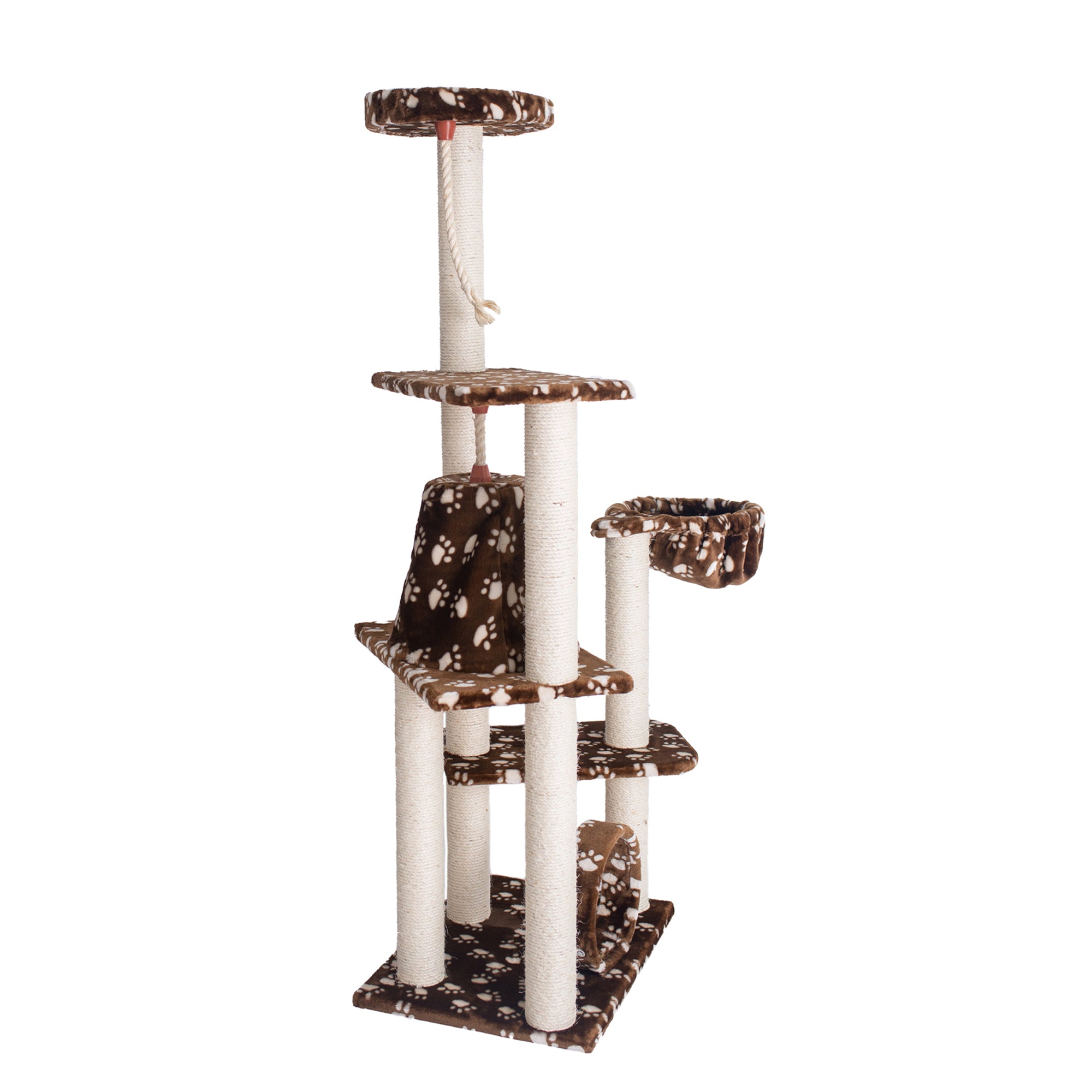 66-inch Faux Fur Cat Tree, SaddleBrown with White Paw Prints by Armarkat