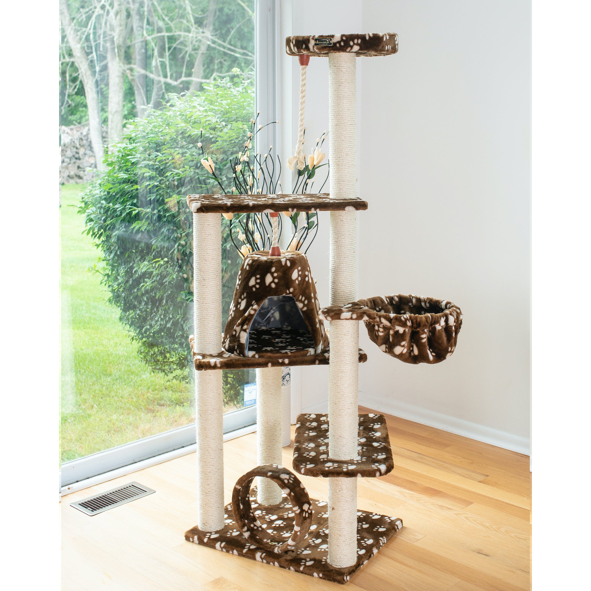 66-inch Faux Fur Cat Tree, SaddleBrown with White Paw Prints by Armarkat