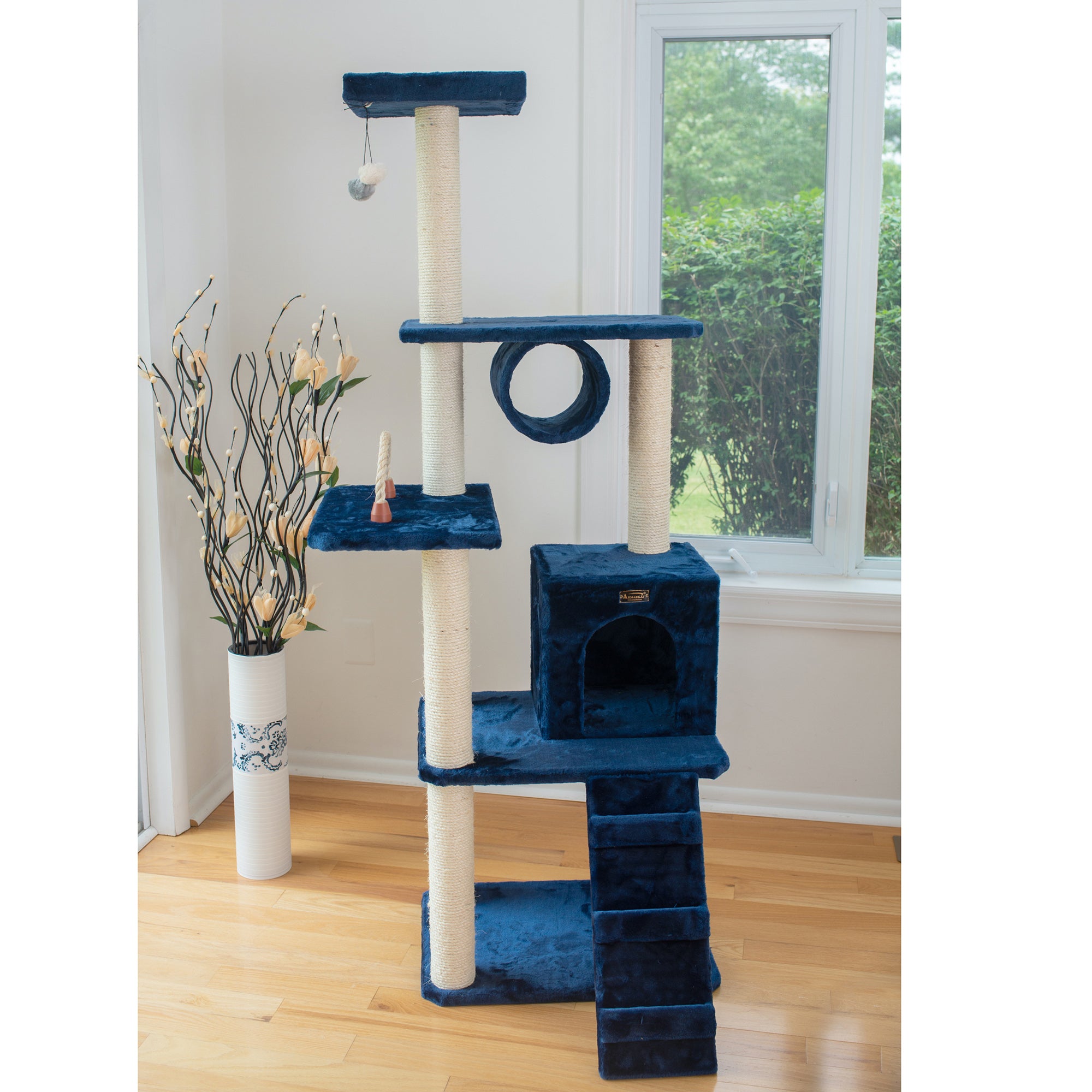 71-inch Faux Fur Cat Tree, Navy Blue with Ramp by Armarkat