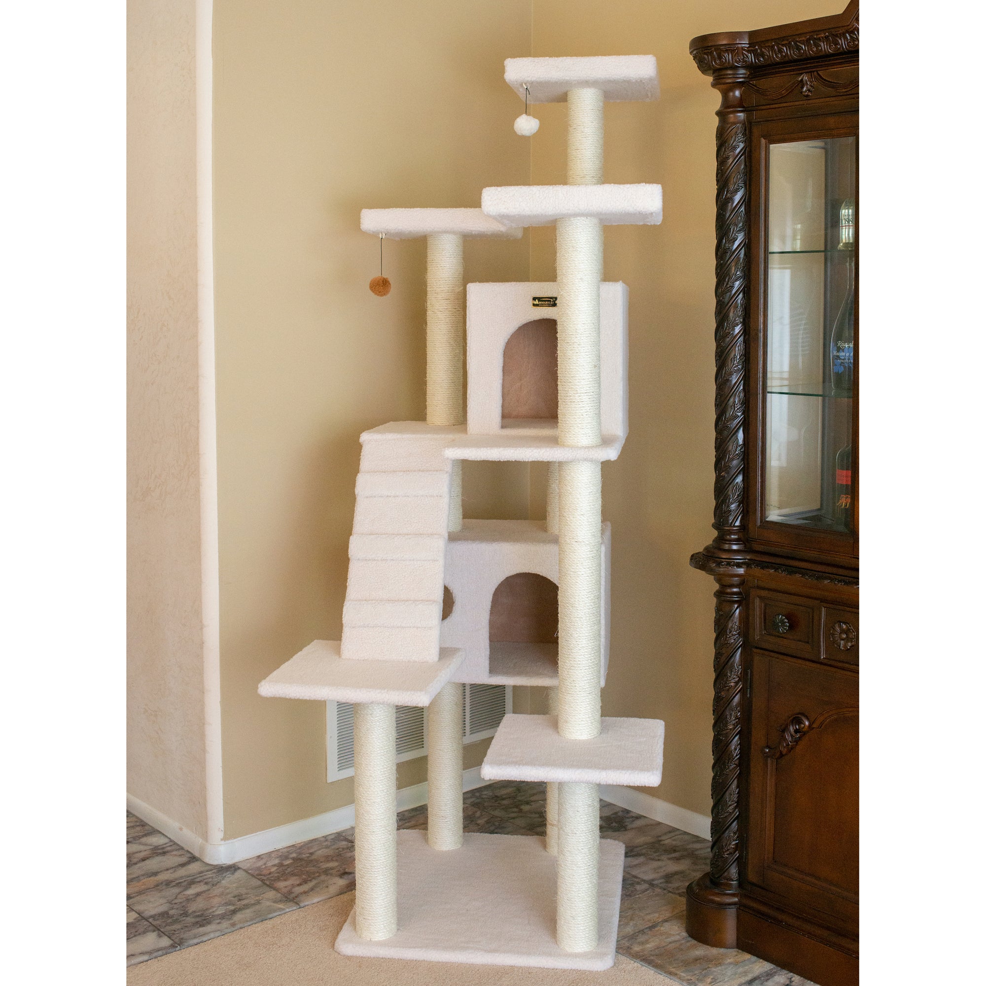 Classic 77-Inch Real Wood Cat Tree, Multi-Levels With Ramp, Three Perches, Two Condos, Ivory by Armarkat