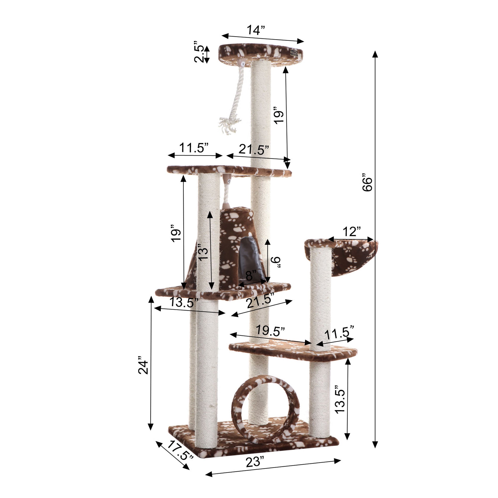 66-inch Faux Fur Cat Tree, SaddleBrown with White Paw Prints by Armarkat