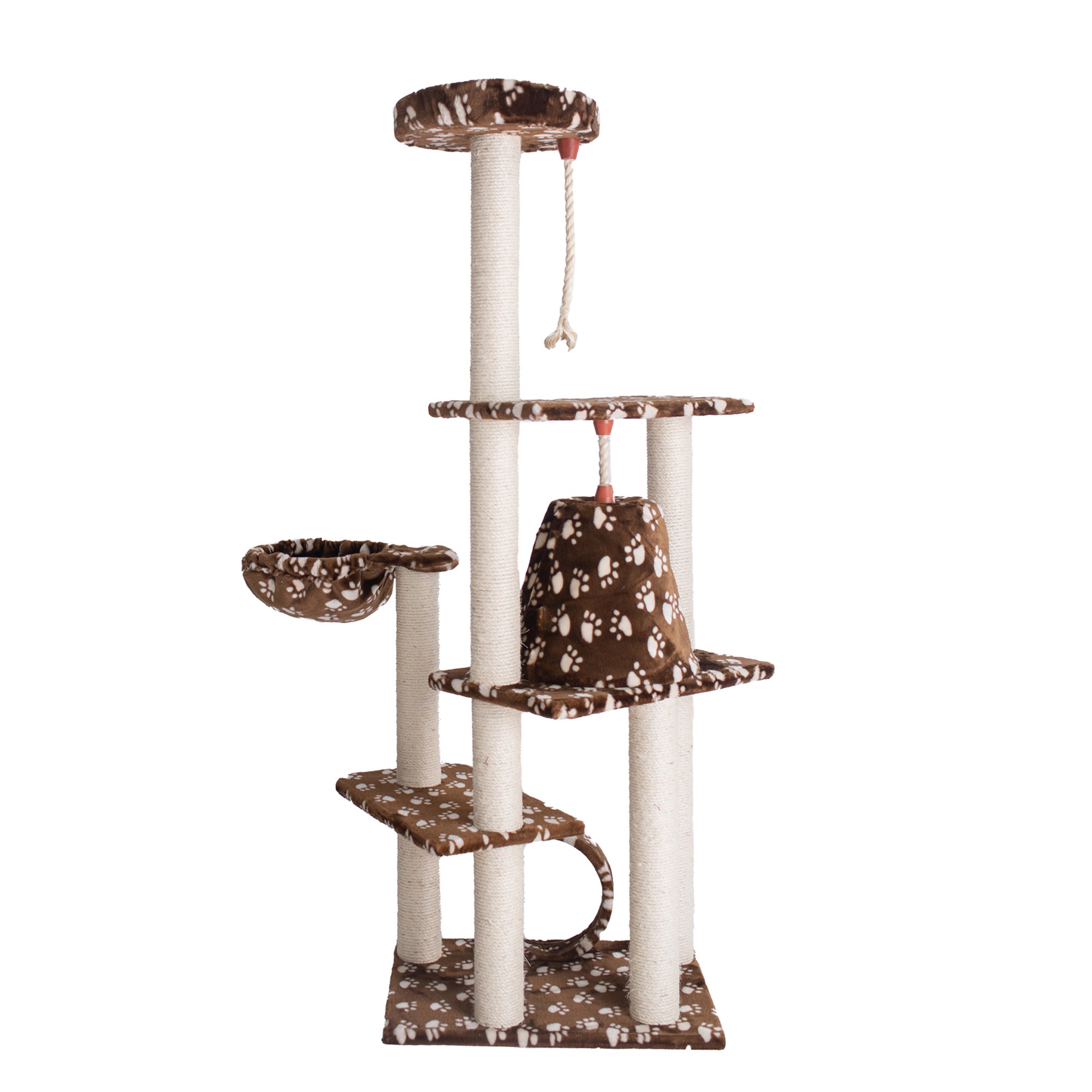 66-inch Faux Fur Cat Tree, SaddleBrown with White Paw Prints by Armarkat